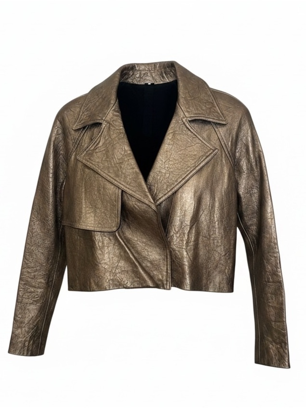 PI Poleci Metallic Bronze Thick Leather Cropped Jacket Small NWOT